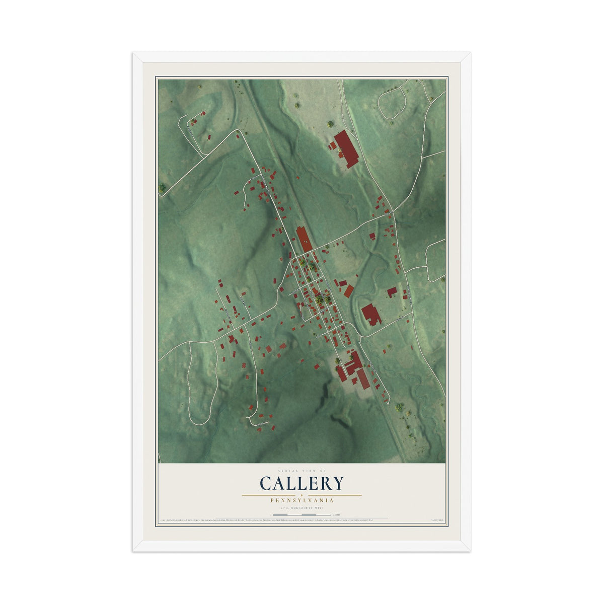 Map of Callery, Pennsylvania, 12 x 18 inch print in a white wood frame
