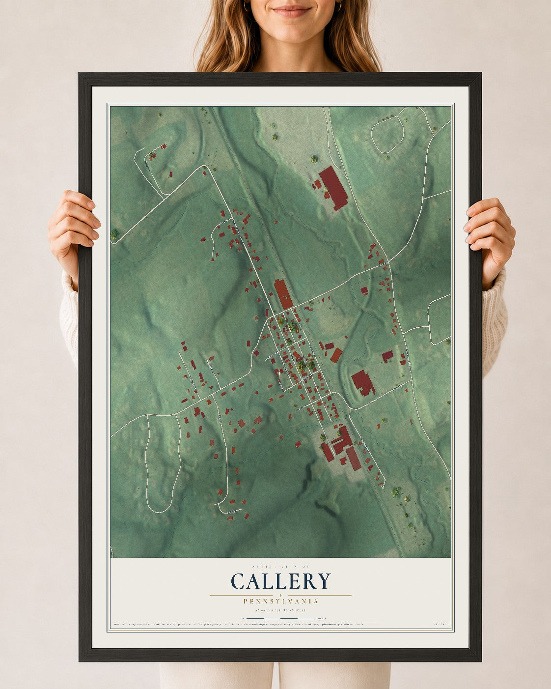 Map of Callery, Pennsylvania, 24 x 36 inch print in a black wood frame