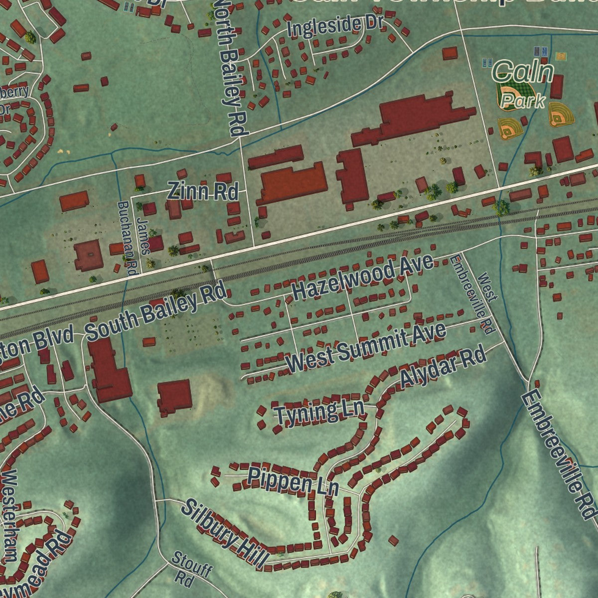 Close-up of the map of Caln, Pennsylvania print showing street and building detail