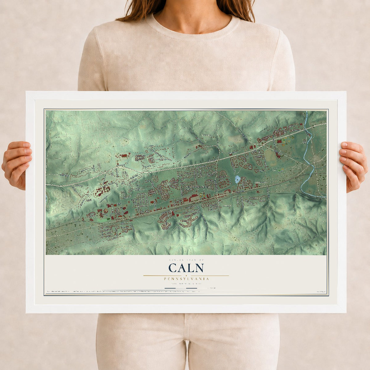 Map of Caln, Pennsylvania, 12 x 18 inch print in a white wood frame