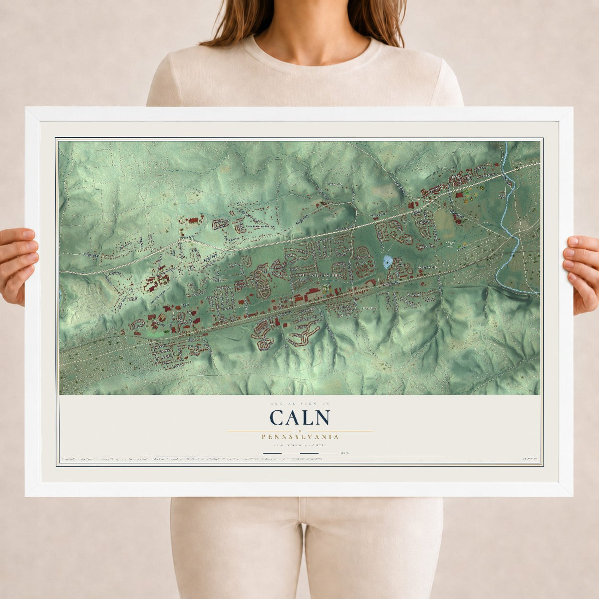 Map of Caln, Pennsylvania, 18 x 24 inch print in a white wood frame