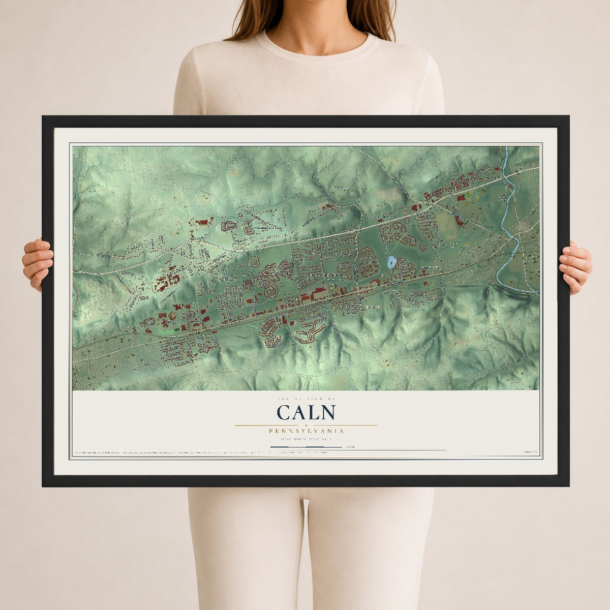 Map of Caln, Pennsylvania, 24 x 36 inch print in a black wood frame