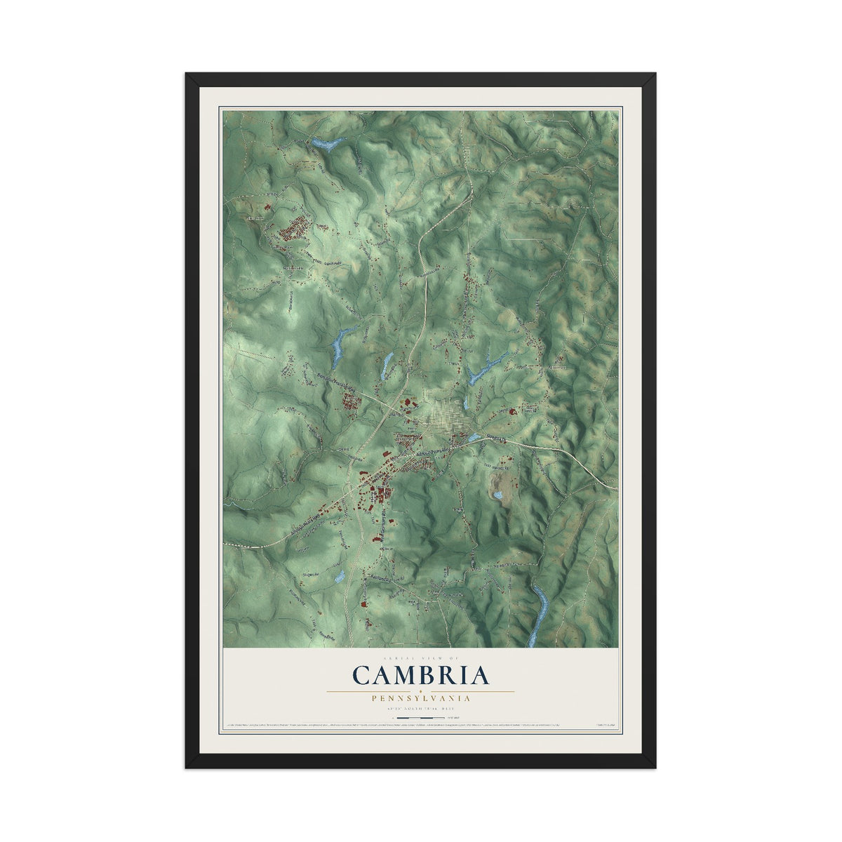 Map of Cambria, Pennsylvania, 12 x 18 inch print in a black wood frame