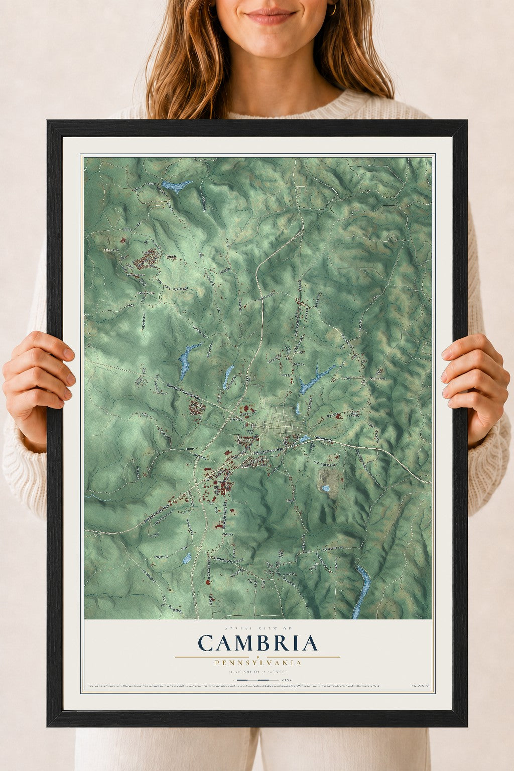 Map of Cambria, Pennsylvania, 18 x 24 inch print in a black wood frame