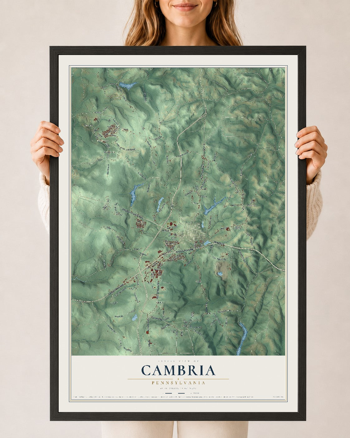 Map of Cambria, Pennsylvania, 24 x 36 inch print in a black wood frame