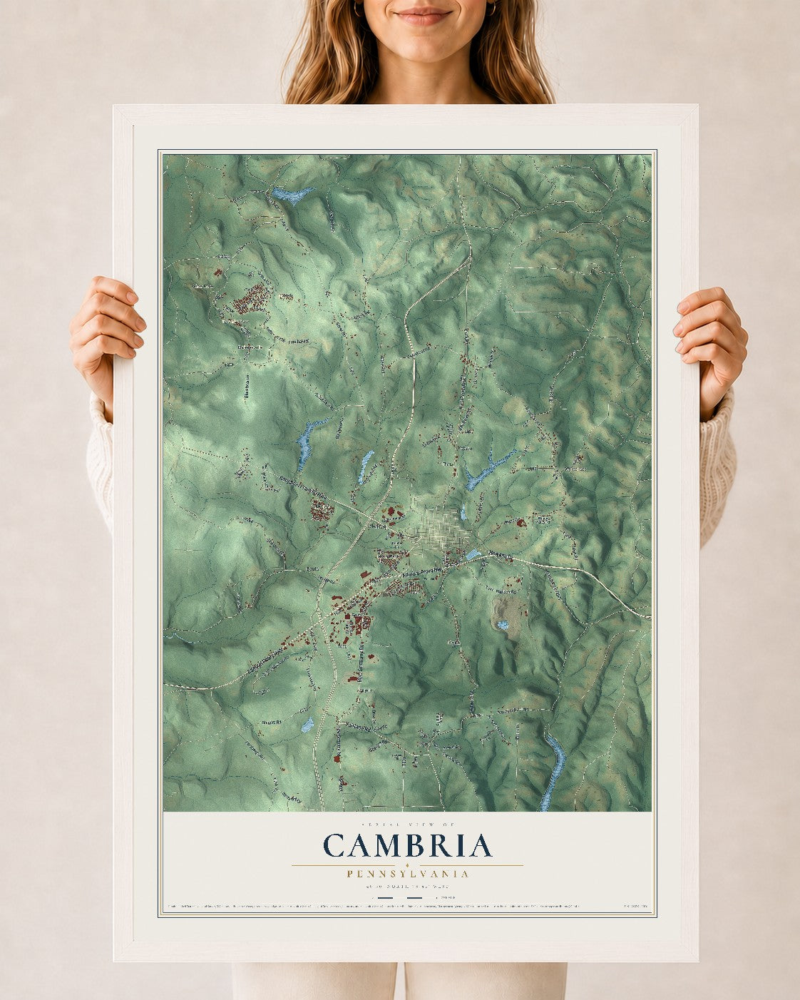 Map of Cambria, Pennsylvania, 24 x 36 inch print in a white wood frame