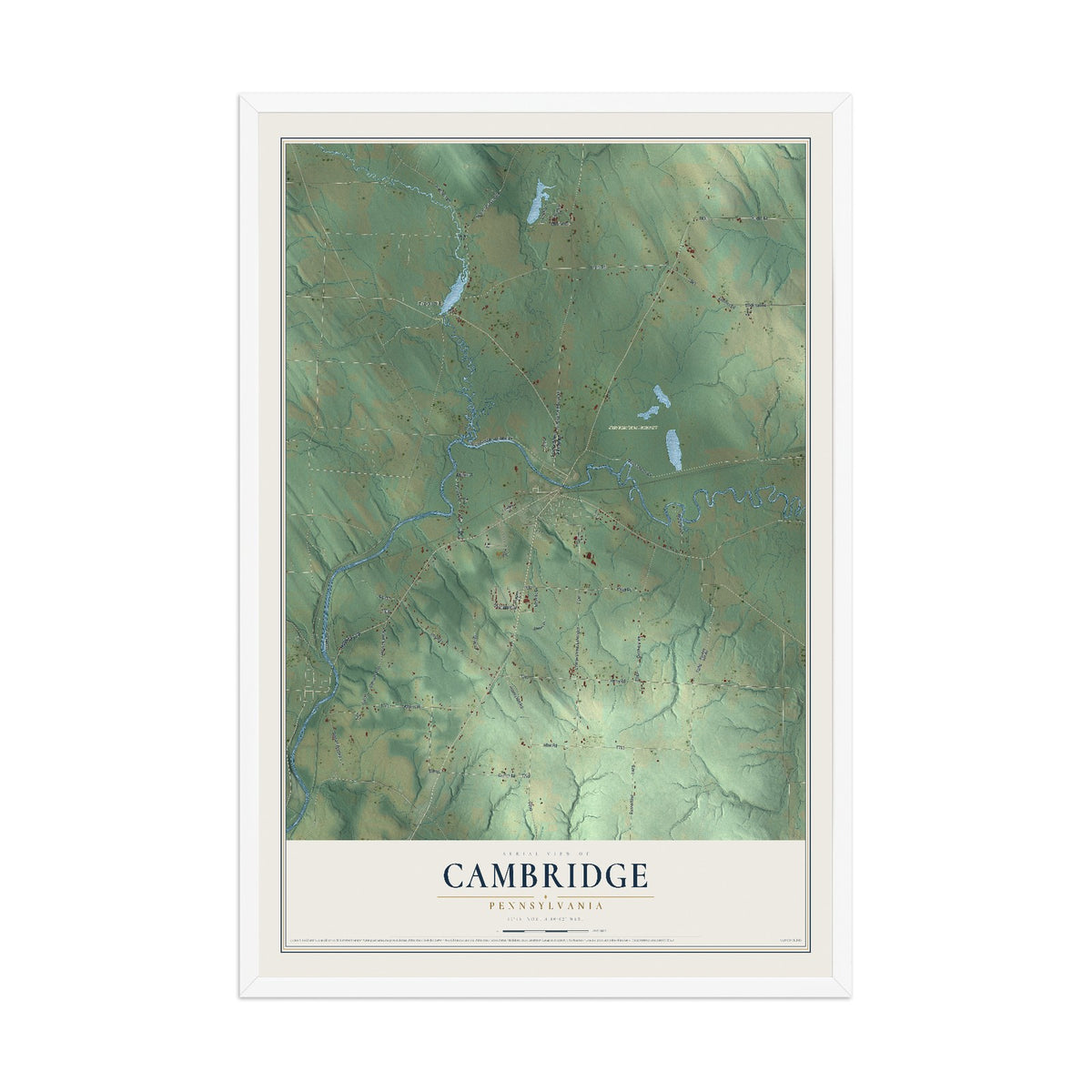 Map of Cambridge, Pennsylvania, 12 x 18 inch print in a white wood frame