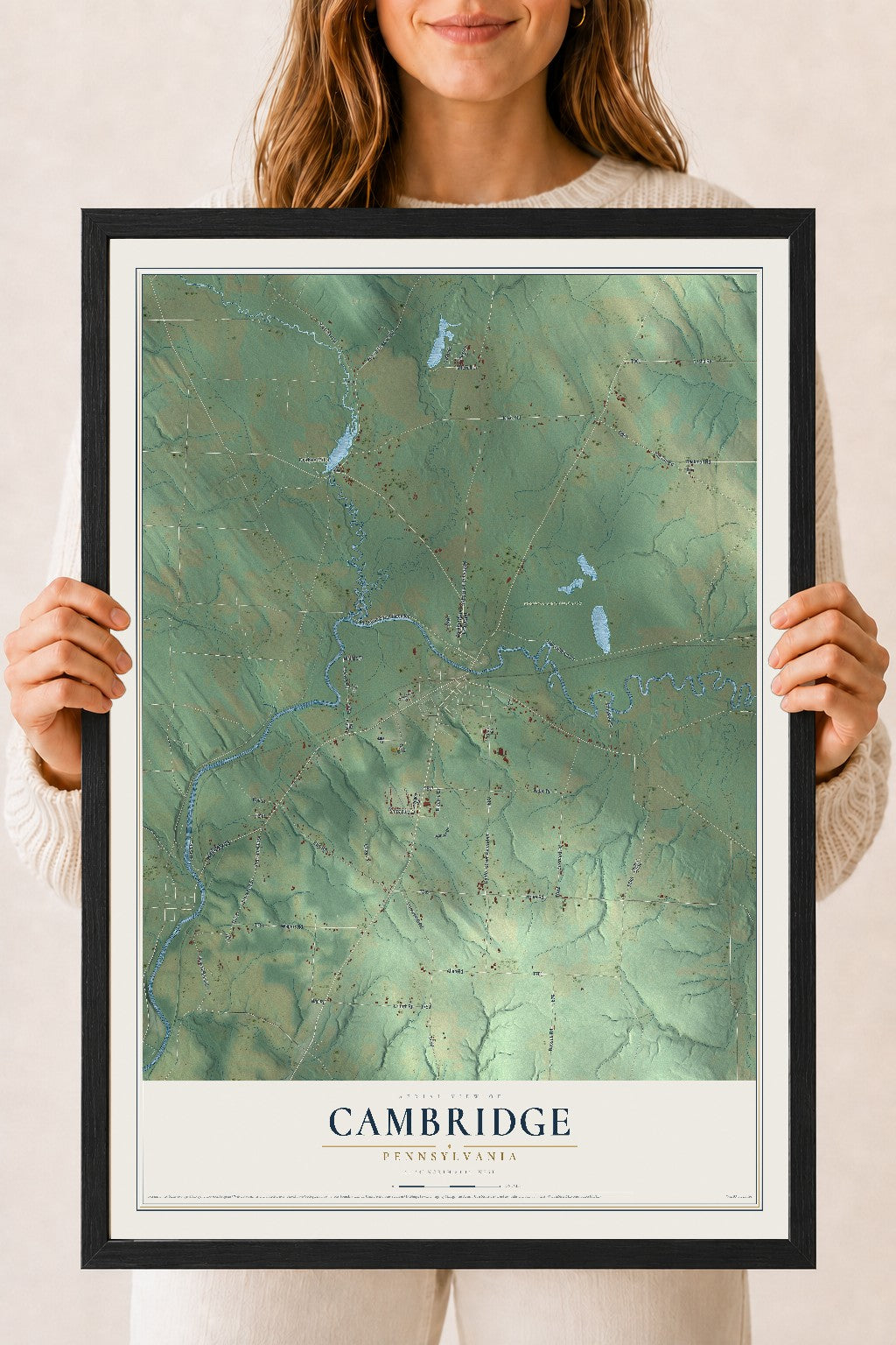 Map of Cambridge, Pennsylvania, 18 x 24 inch print in a black wood frame
