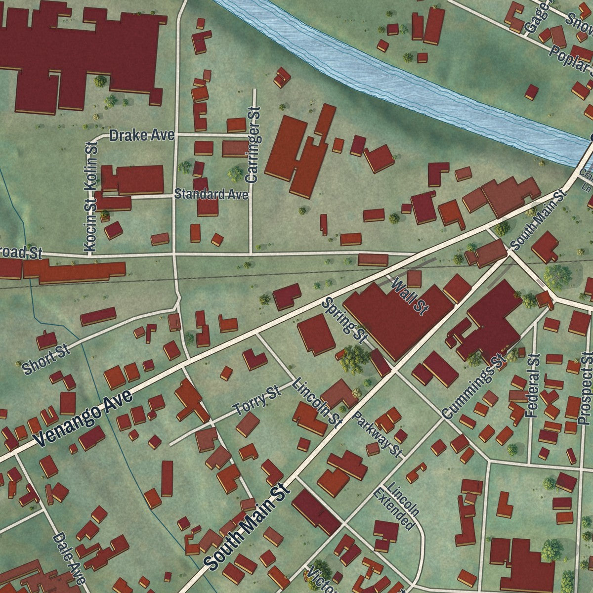 Close-up of the map of Cambridge Springs, Pennsylvania print showing street and building detail