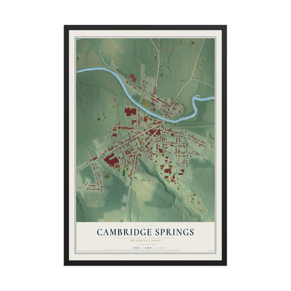 Map of Cambridge Springs, Pennsylvania, 12 x 18 inch print in a black wood frame