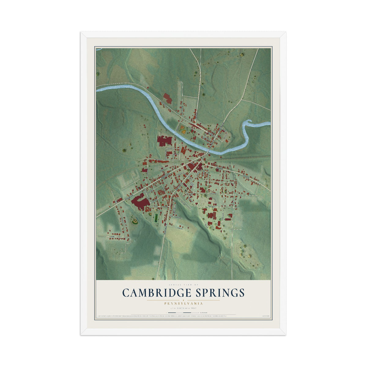 Map of Cambridge Springs, Pennsylvania, 12 x 18 inch print in a white wood frame