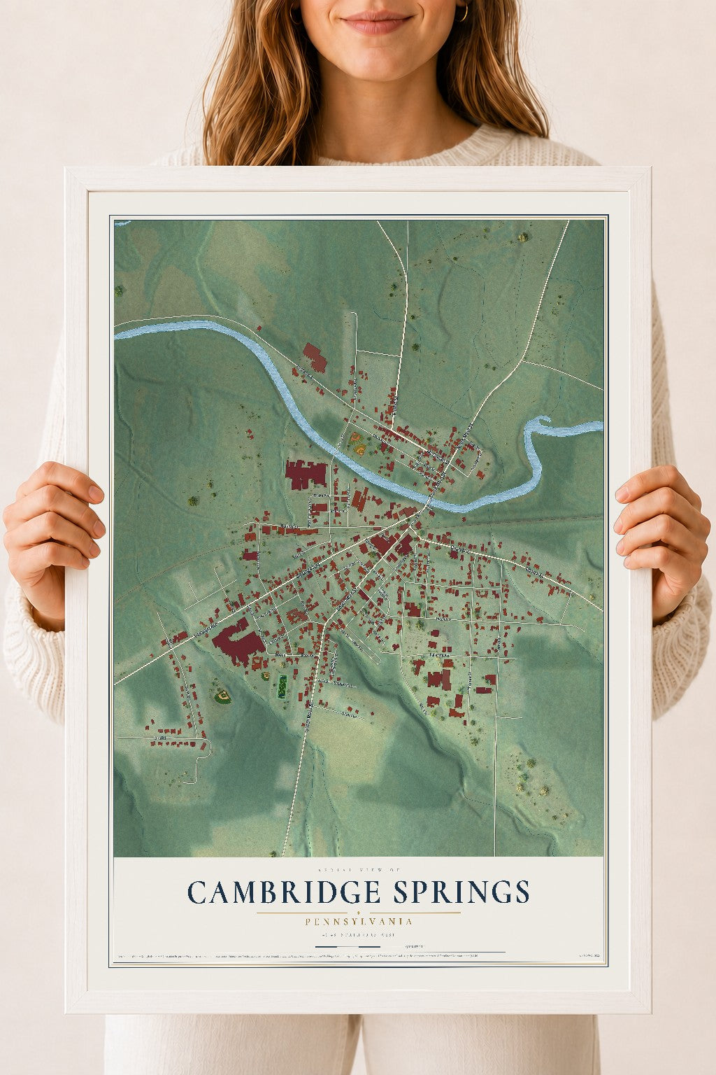 Map of Cambridge Springs, Pennsylvania, 18 x 24 inch print in a white wood frame