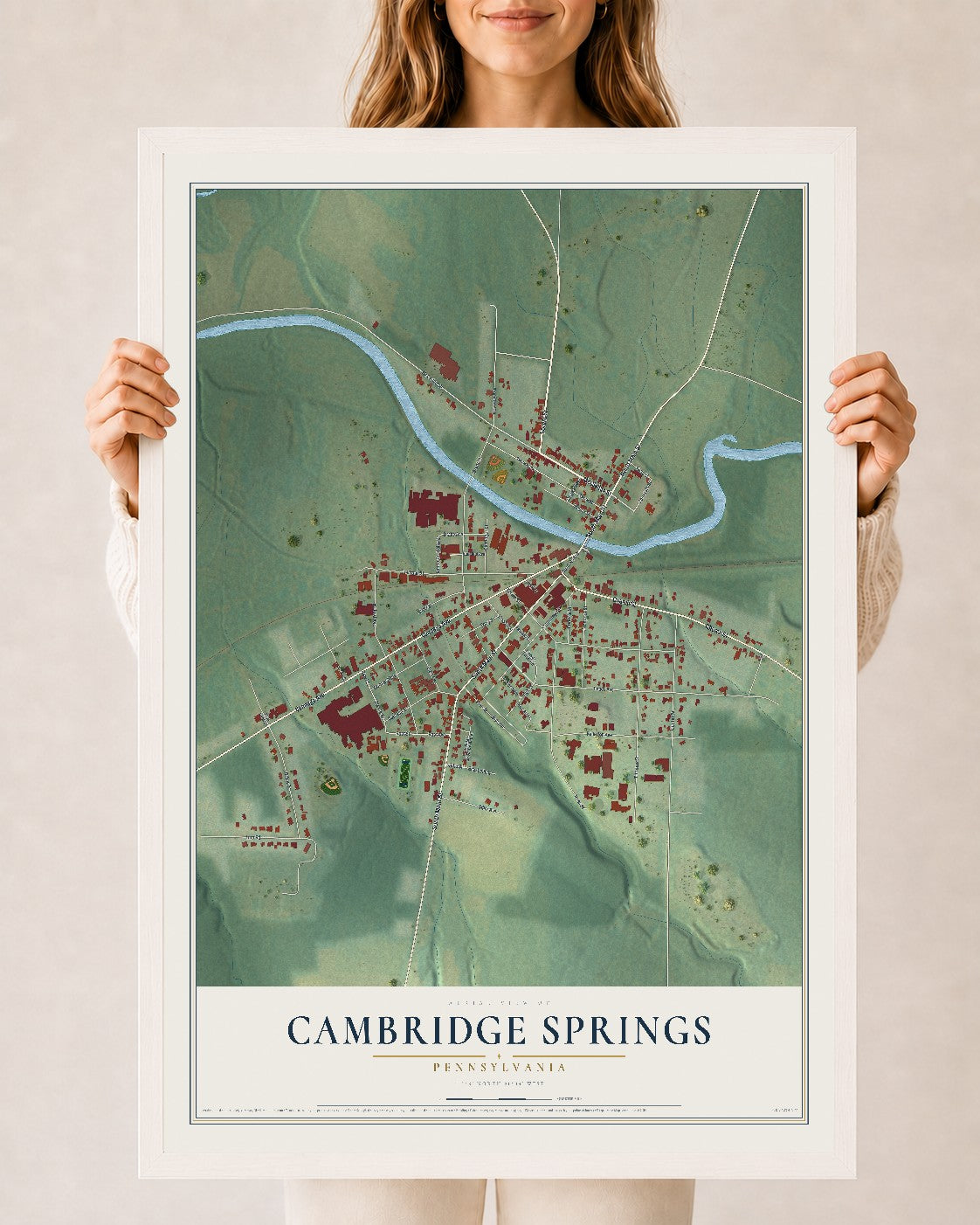 Map of Cambridge Springs, Pennsylvania, 24 x 36 inch print in a white wood frame