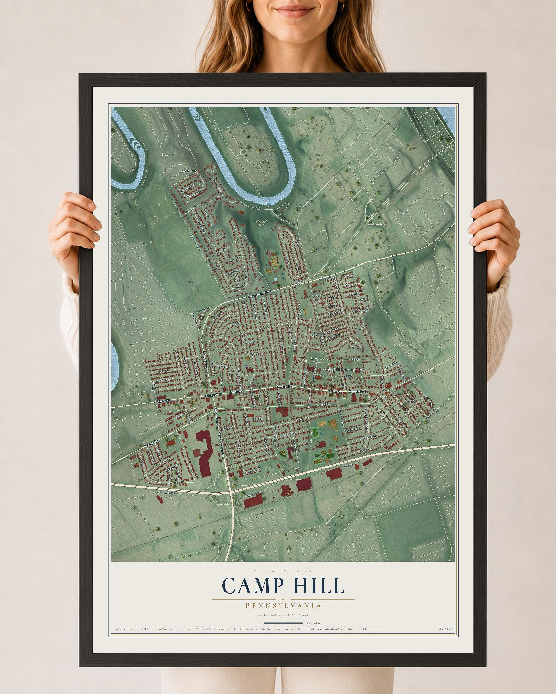 Map of Camp Hill, Pennsylvania, 24 x 36 inch print in a black wood frame