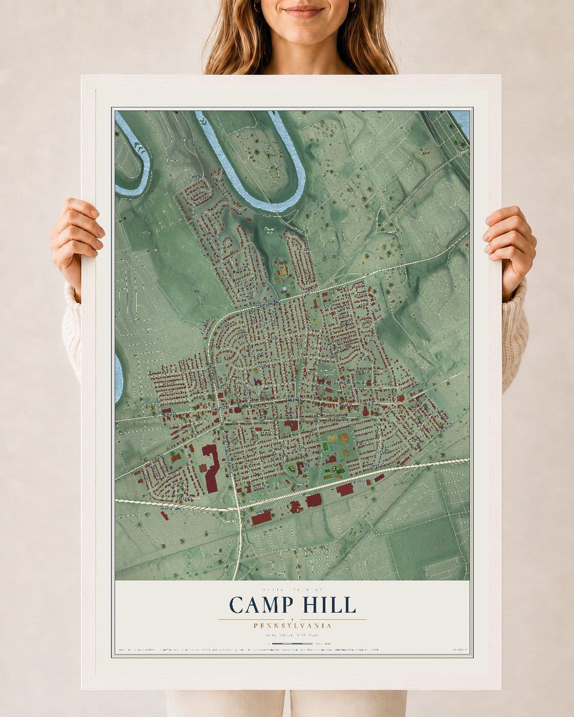 Map of Camp Hill, Pennsylvania, 24 x 36 inch print in a white wood frame