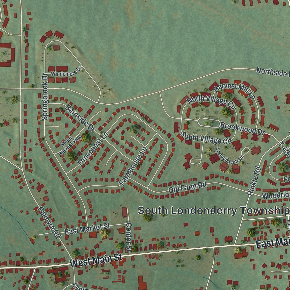 Close-up of the map of Campbelltown, Pennsylvania print showing street and building detail