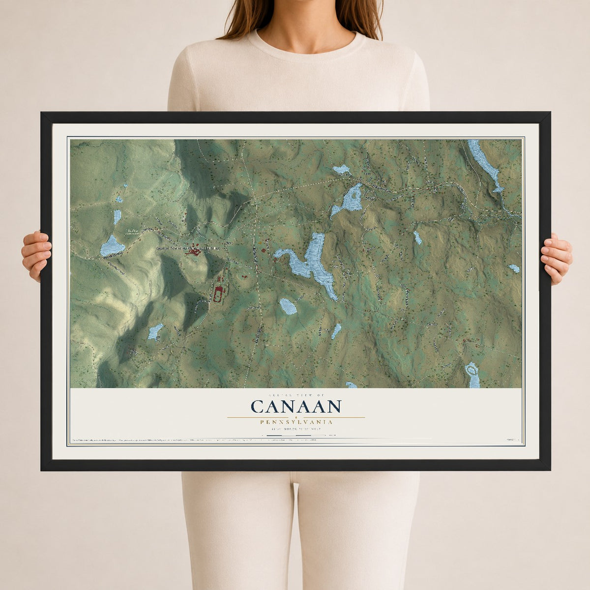 Map of Canaan, Pennsylvania, 24 x 36 inch print in a black wood frame
