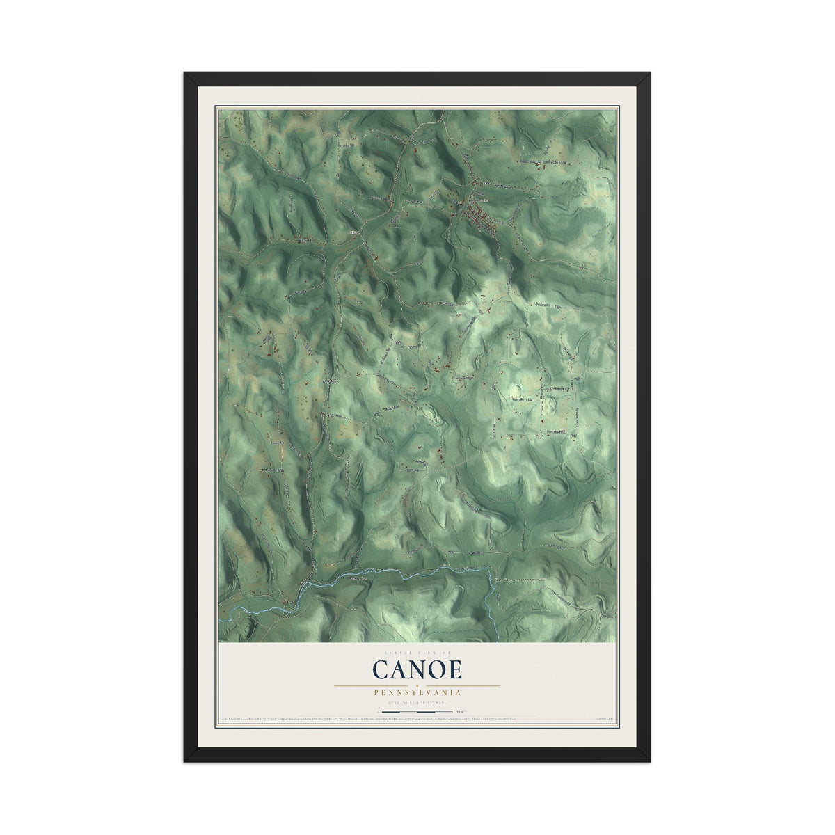 Map of Canoe, Pennsylvania, 12 x 18 inch print in a black wood frame