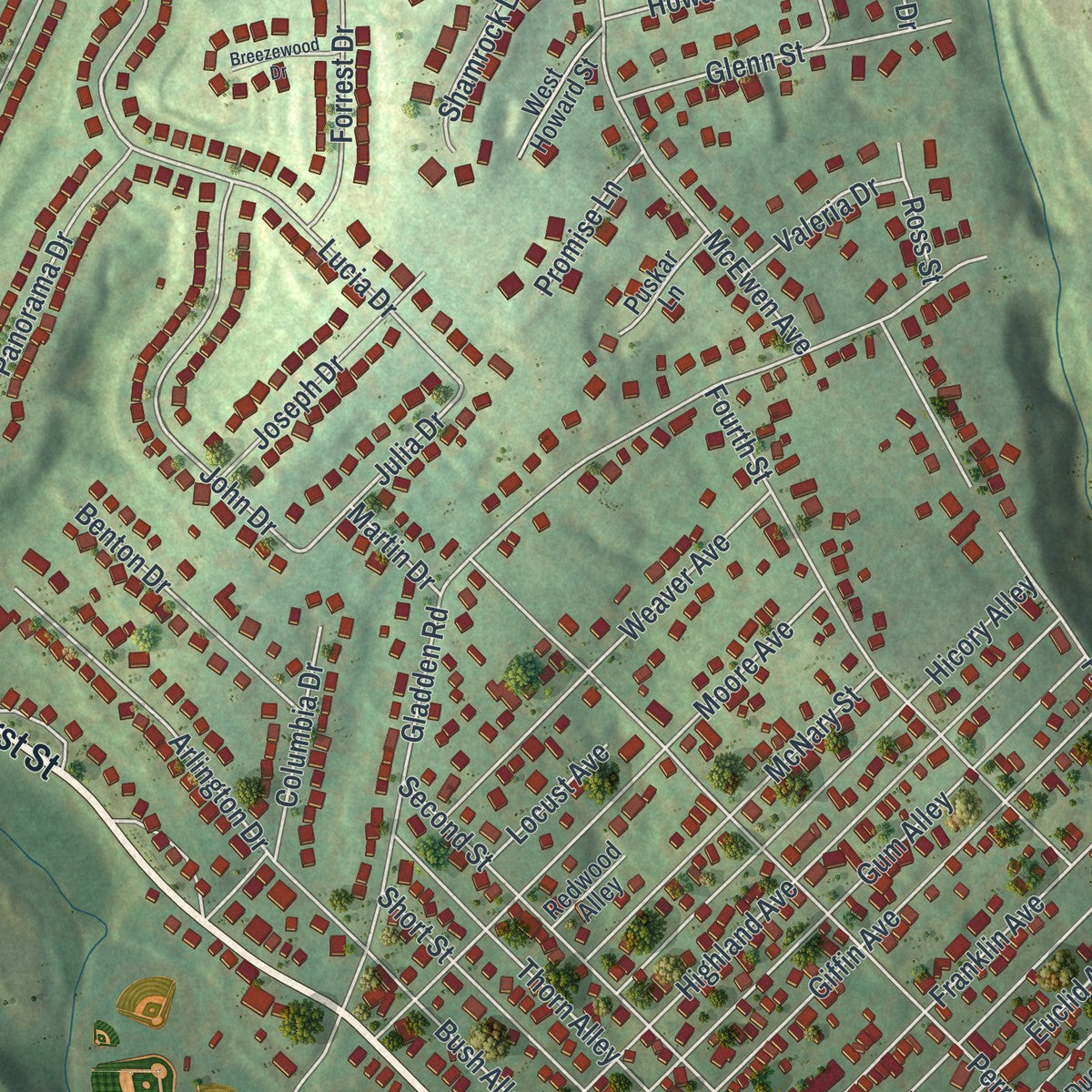 Close-up of the map of Canonsburg, Pennsylvania print showing street and building detail