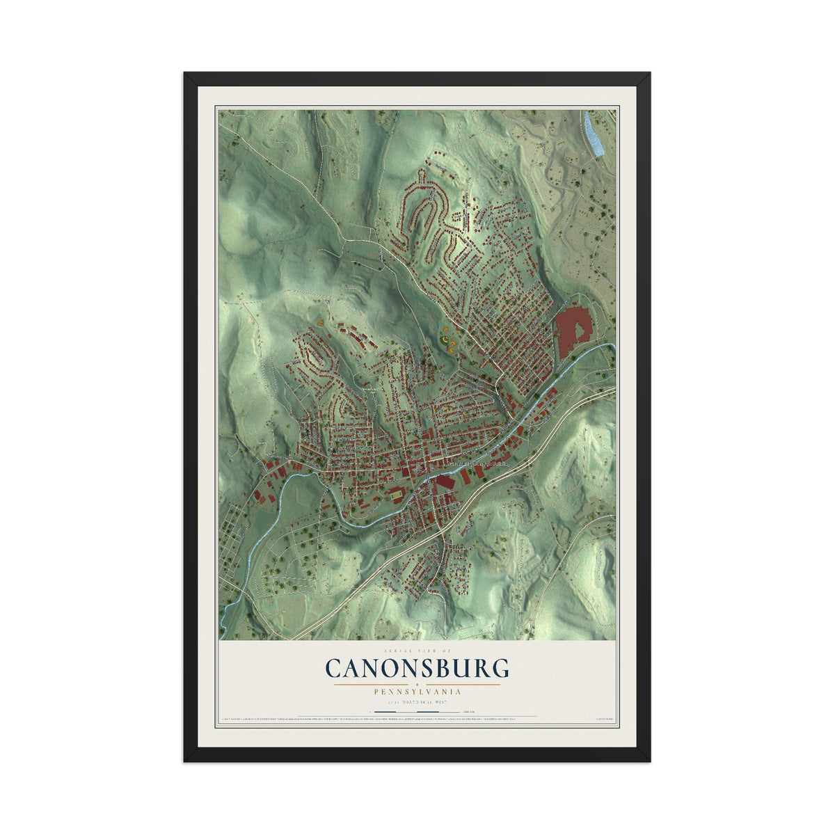 Map of Canonsburg, Pennsylvania, 12 x 18 inch print in a black wood frame