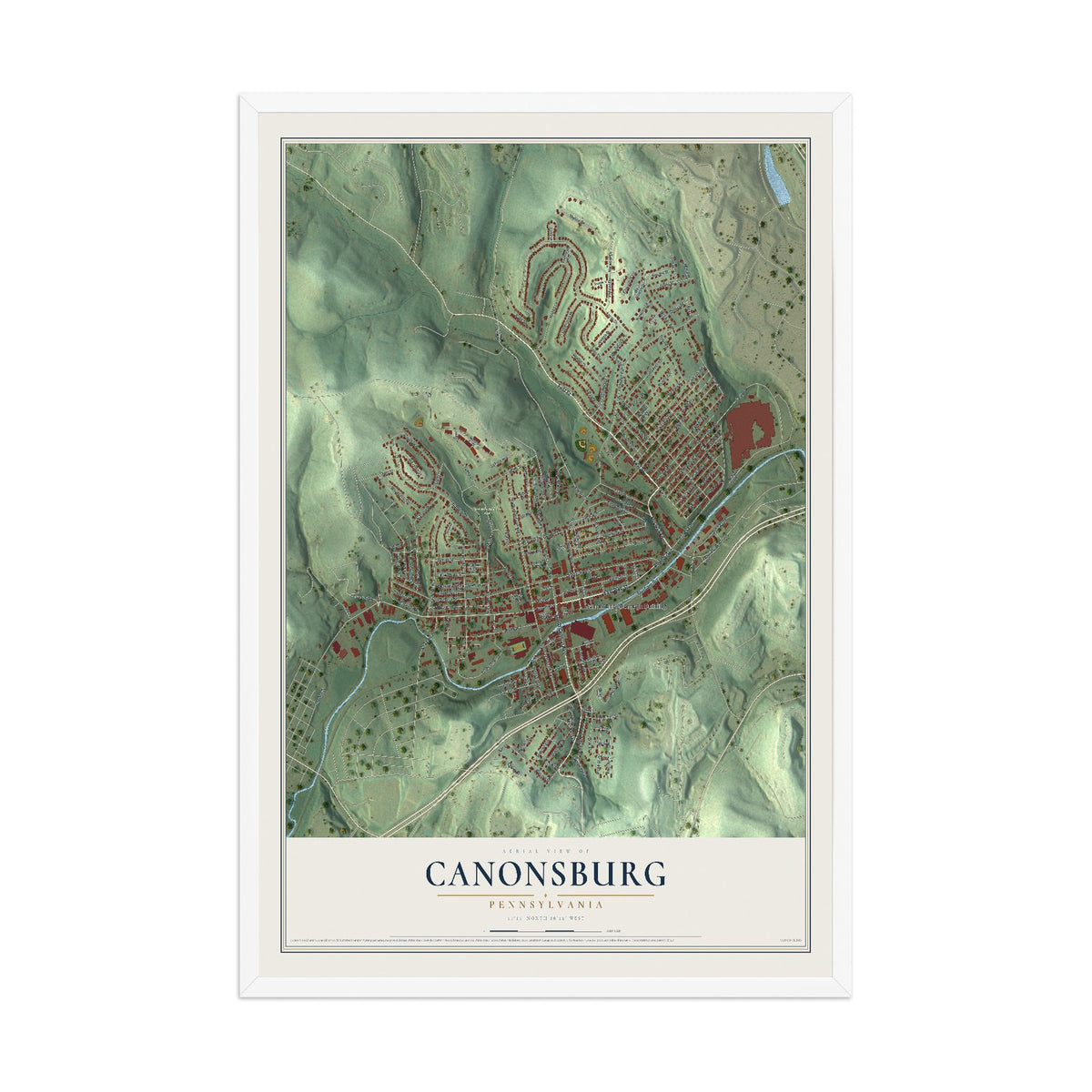 Map of Canonsburg, Pennsylvania, 12 x 18 inch print in a white wood frame