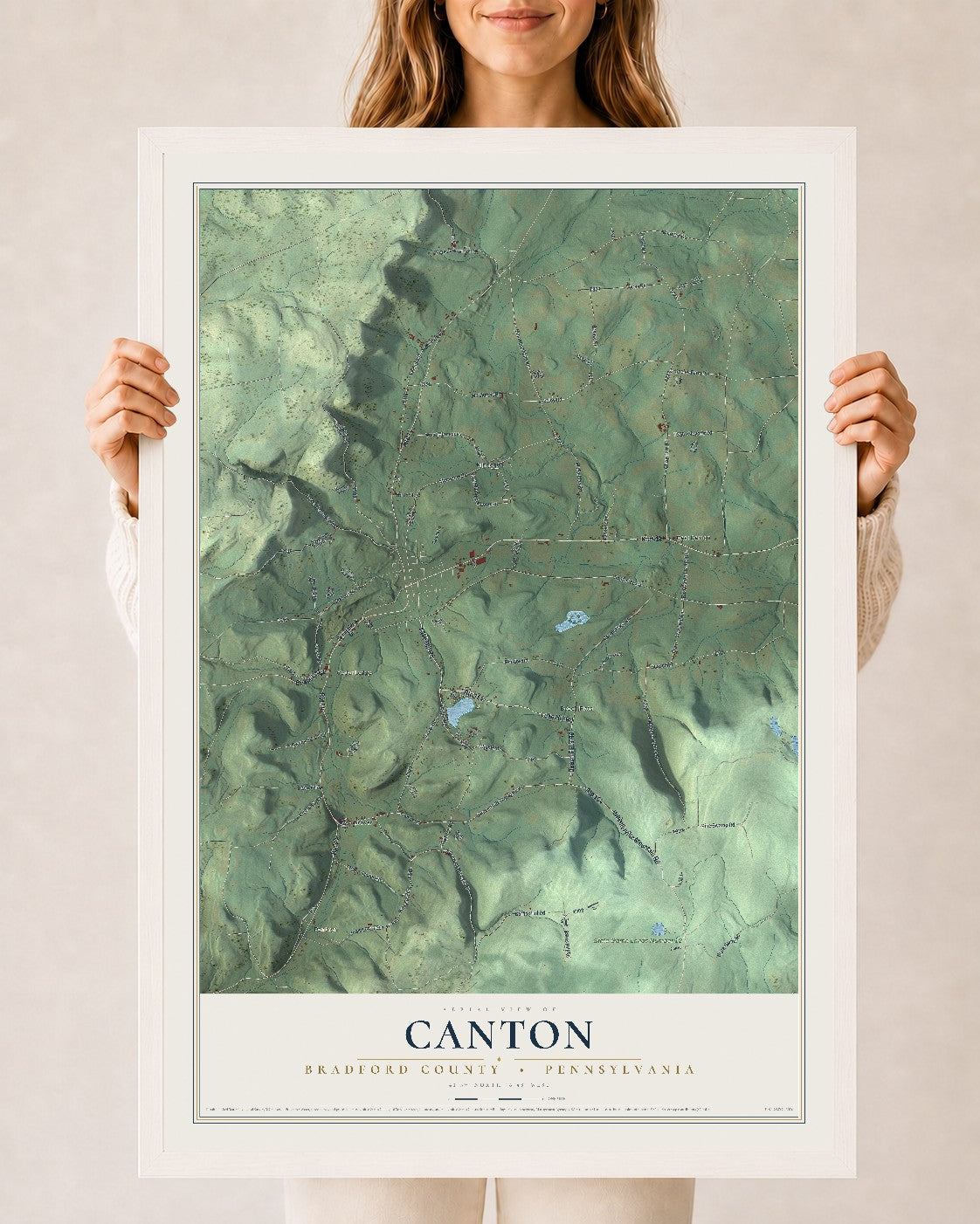 Map of Canton, Bradford County, Pennsylvania, 24 x 36 inch print in a white wood frame
