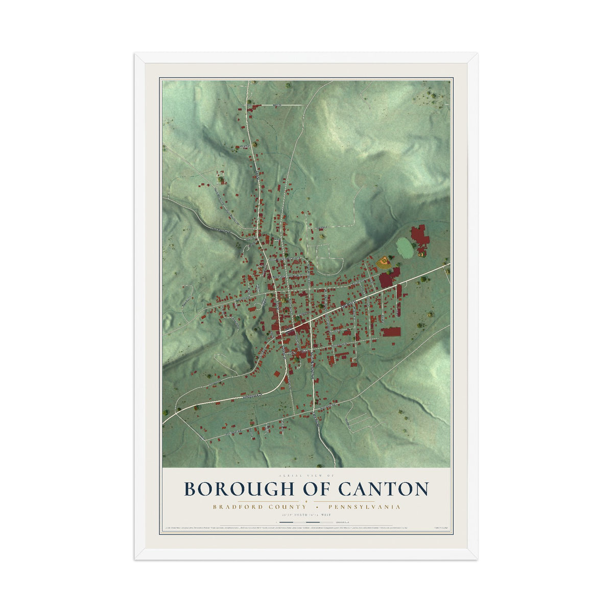 Map of the Borough of Canton, Bradford County, Pennsylvania, 12 x 18 inch print in a white wood frame