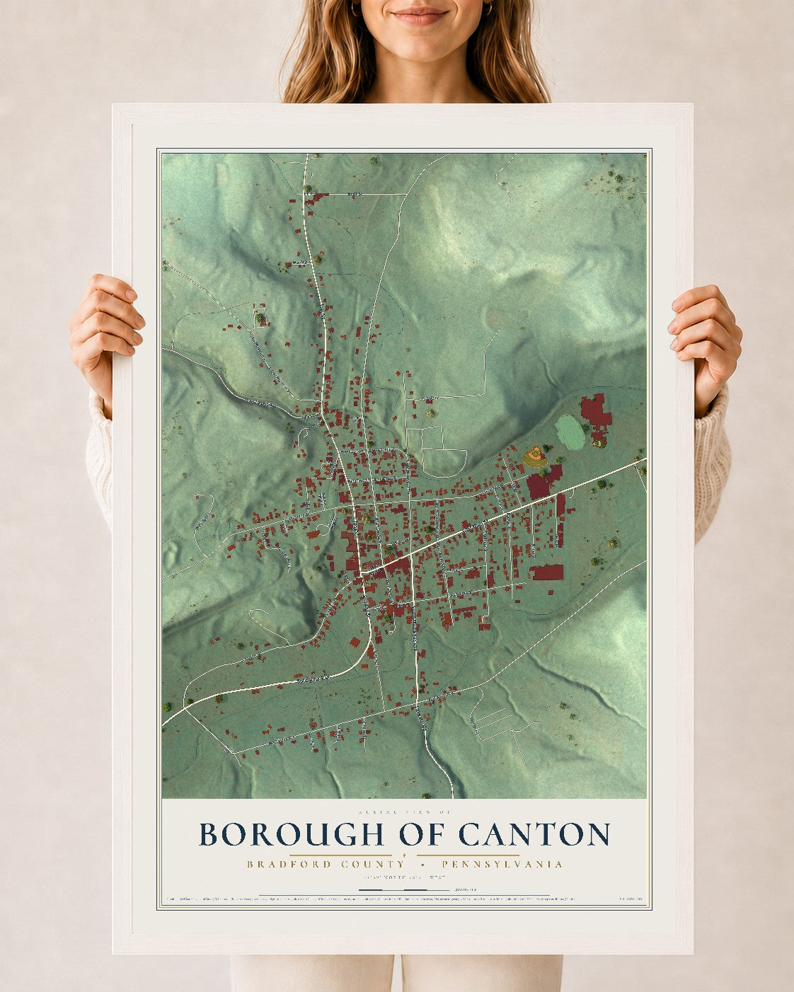Map of the Borough of Canton, Bradford County, Pennsylvania, 24 x 36 inch print in a white wood frame