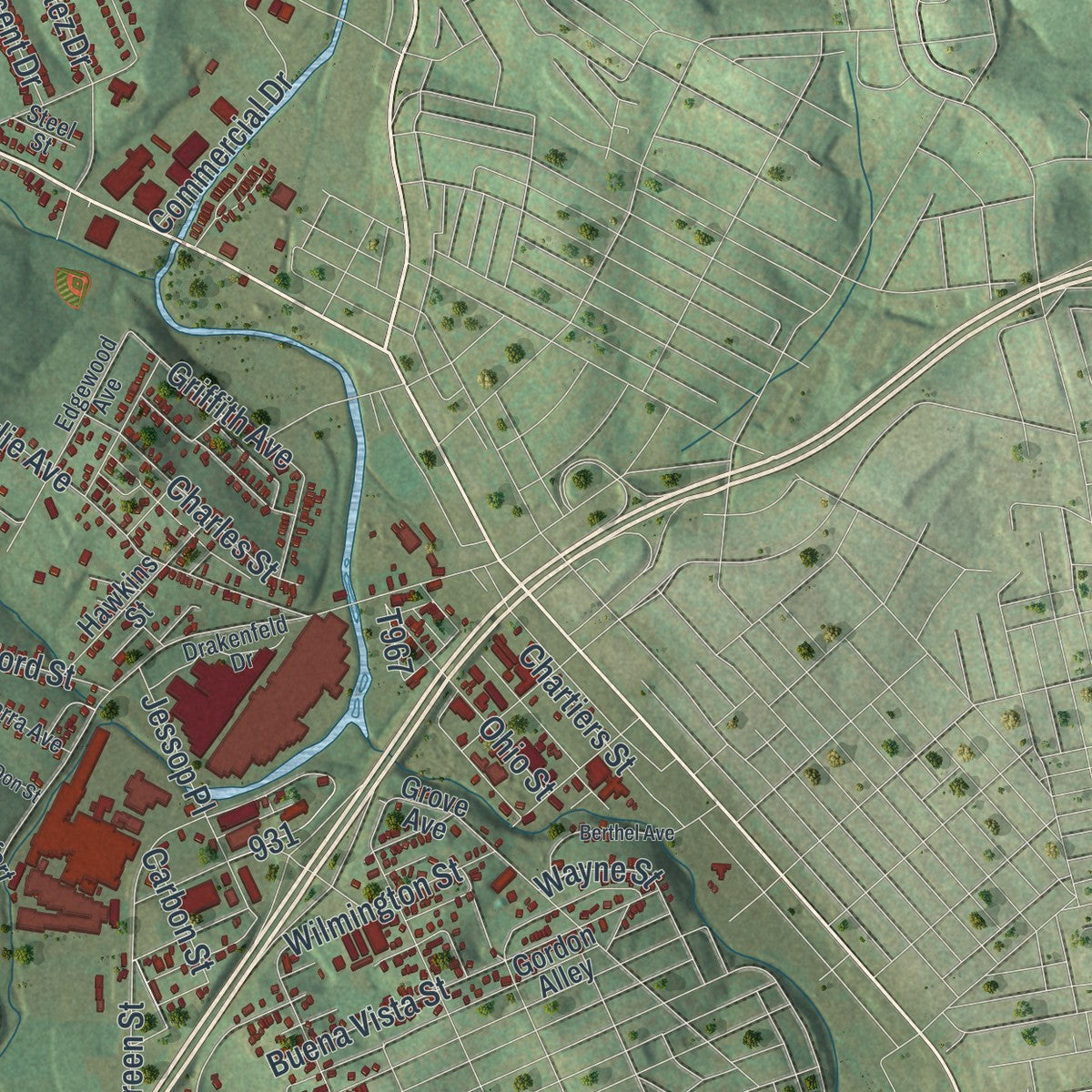 Close-up of the map of Canton, Washington County, Pennsylvania print showing street and building detail