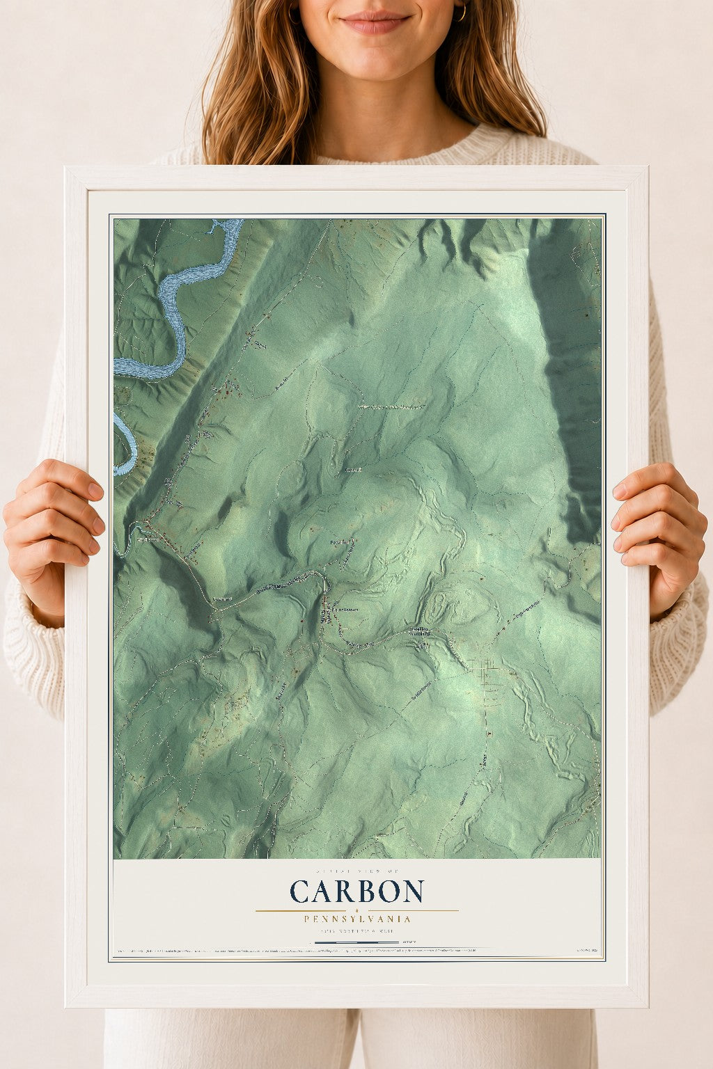 Map of Carbon, Pennsylvania, 18 x 24 inch print in a white wood frame