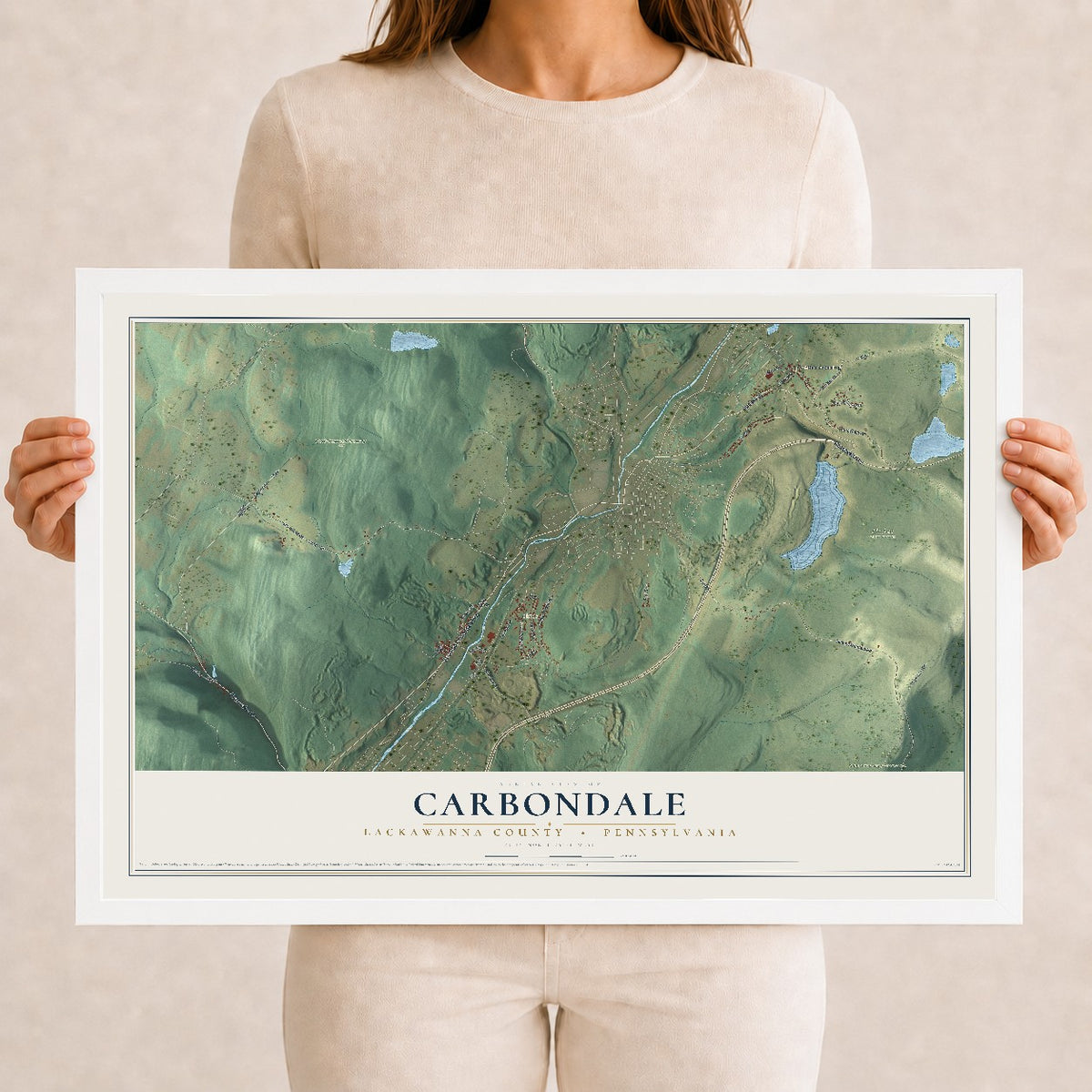 Map of Carbondale, Lackawanna County, Pennsylvania, 12 x 18 inch print in a white wood frame