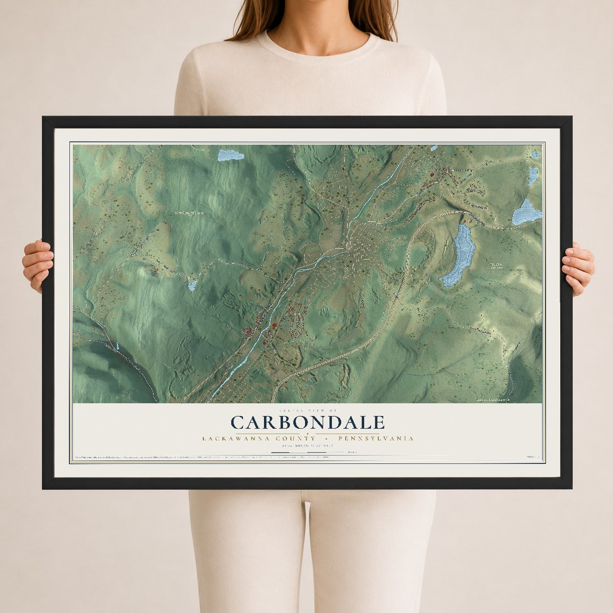 Map of Carbondale, Lackawanna County, Pennsylvania, 24 x 36 inch print in a black wood frame