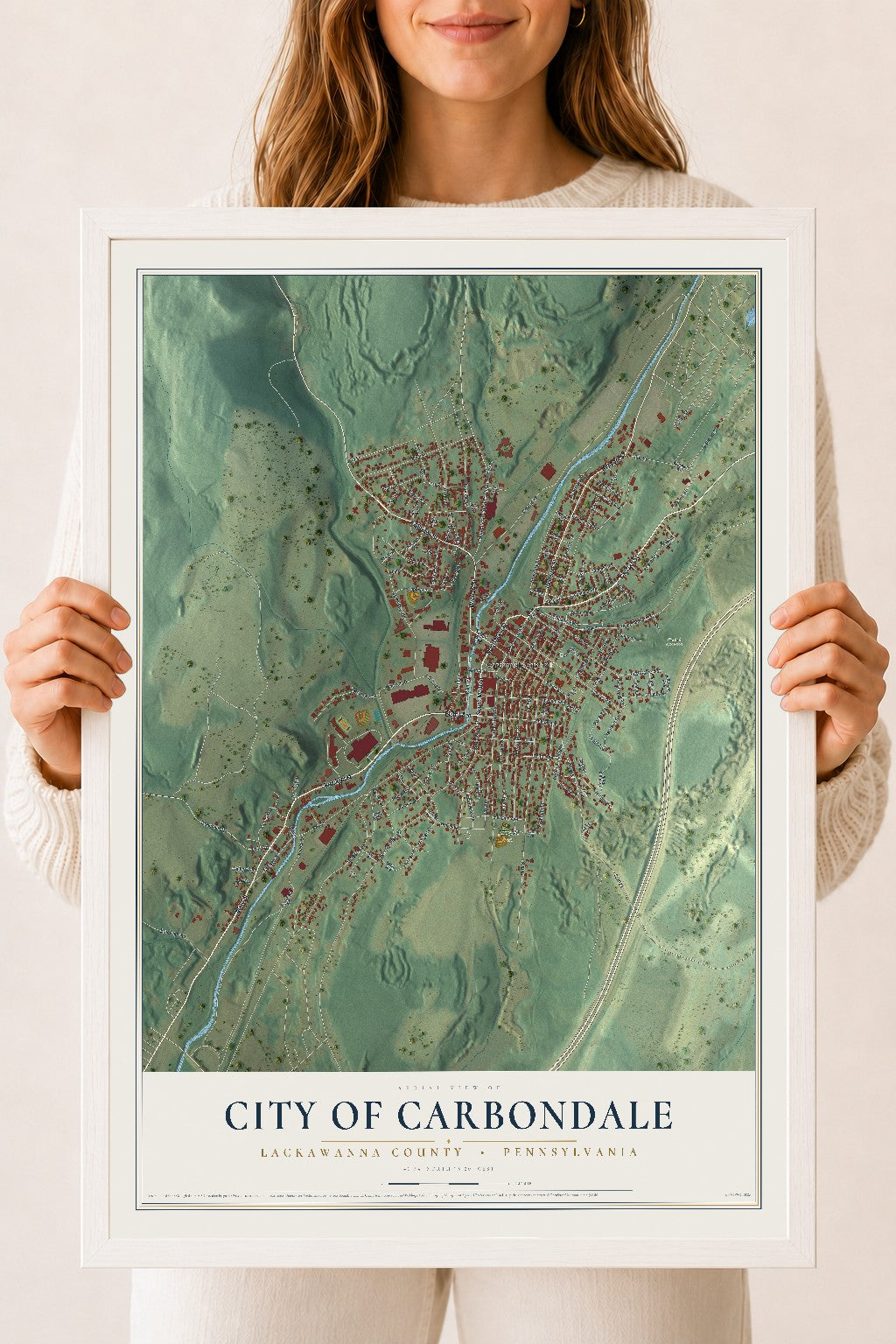 Map of the City of Carbondale, Lackawanna County, Pennsylvania, 18 x 24 inch print in a white wood frame