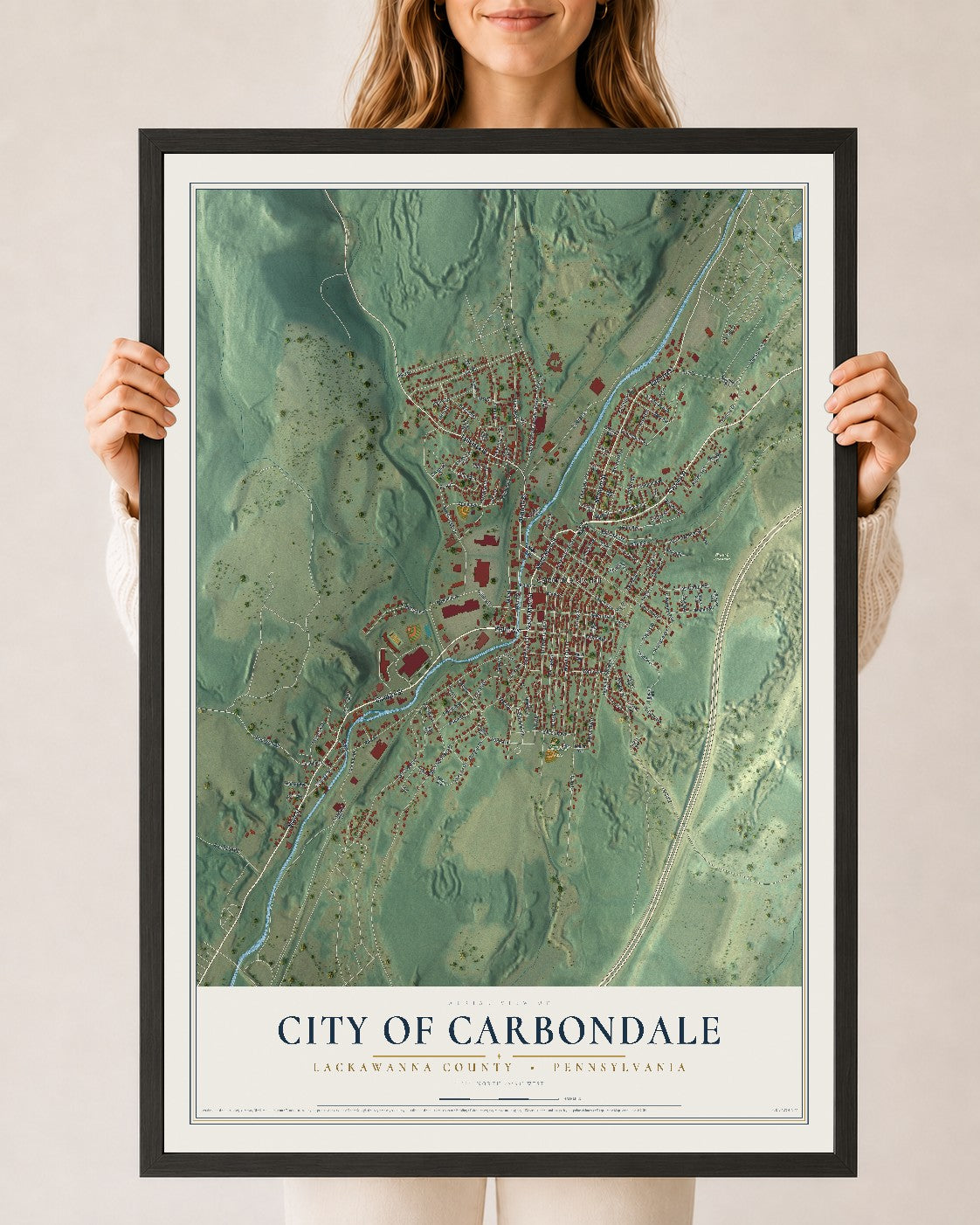 Map of the City of Carbondale, Lackawanna County, Pennsylvania, 24 x 36 inch print in a black wood frame