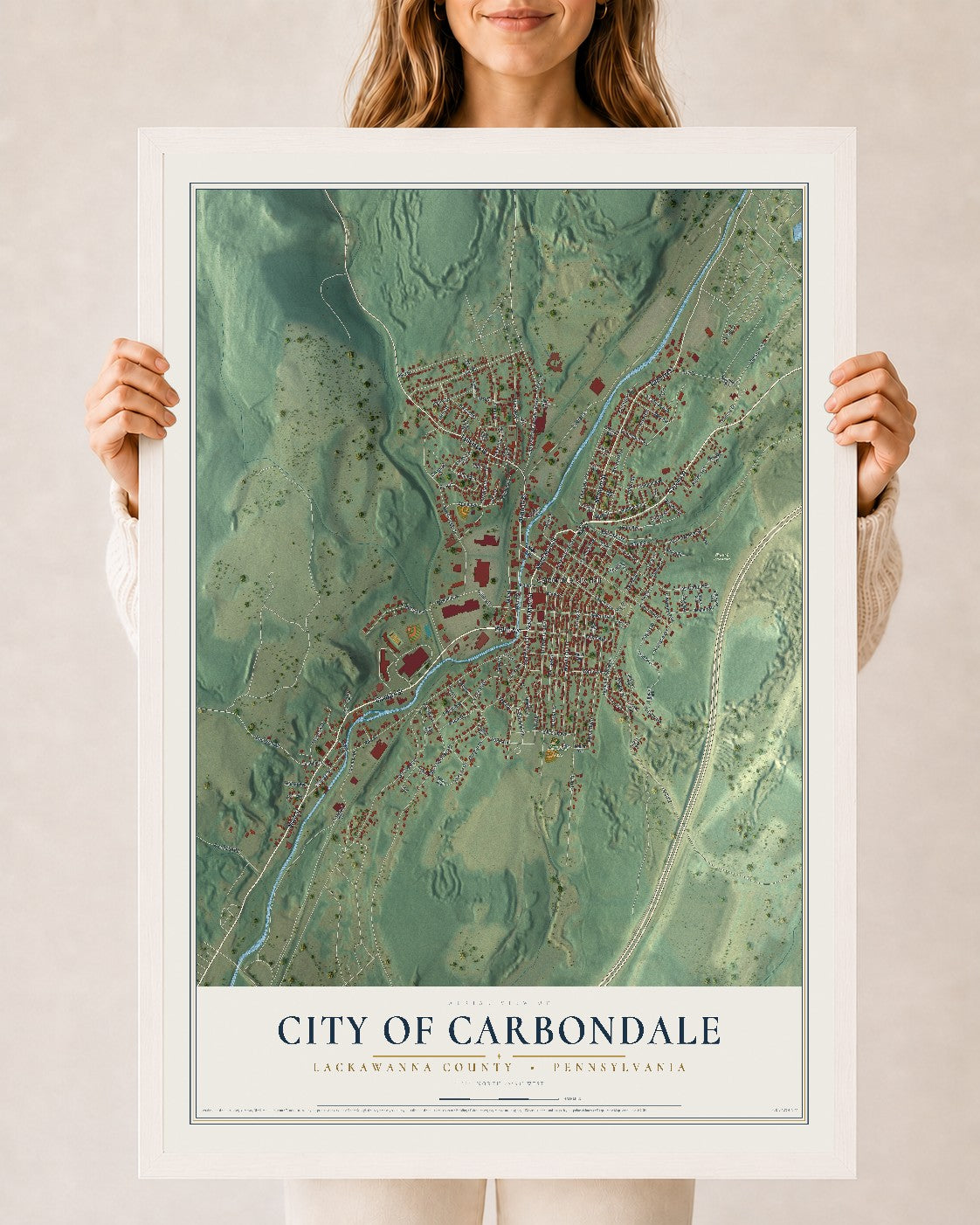 Map of the City of Carbondale, Lackawanna County, Pennsylvania, 24 x 36 inch print in a white wood frame