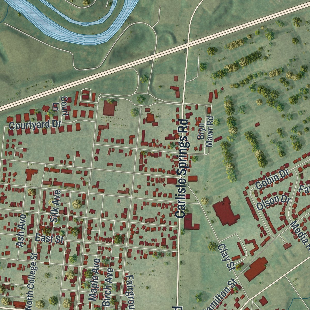 Second close-up of the map of Carlisle, Pennsylvania print showing more streets and buildings