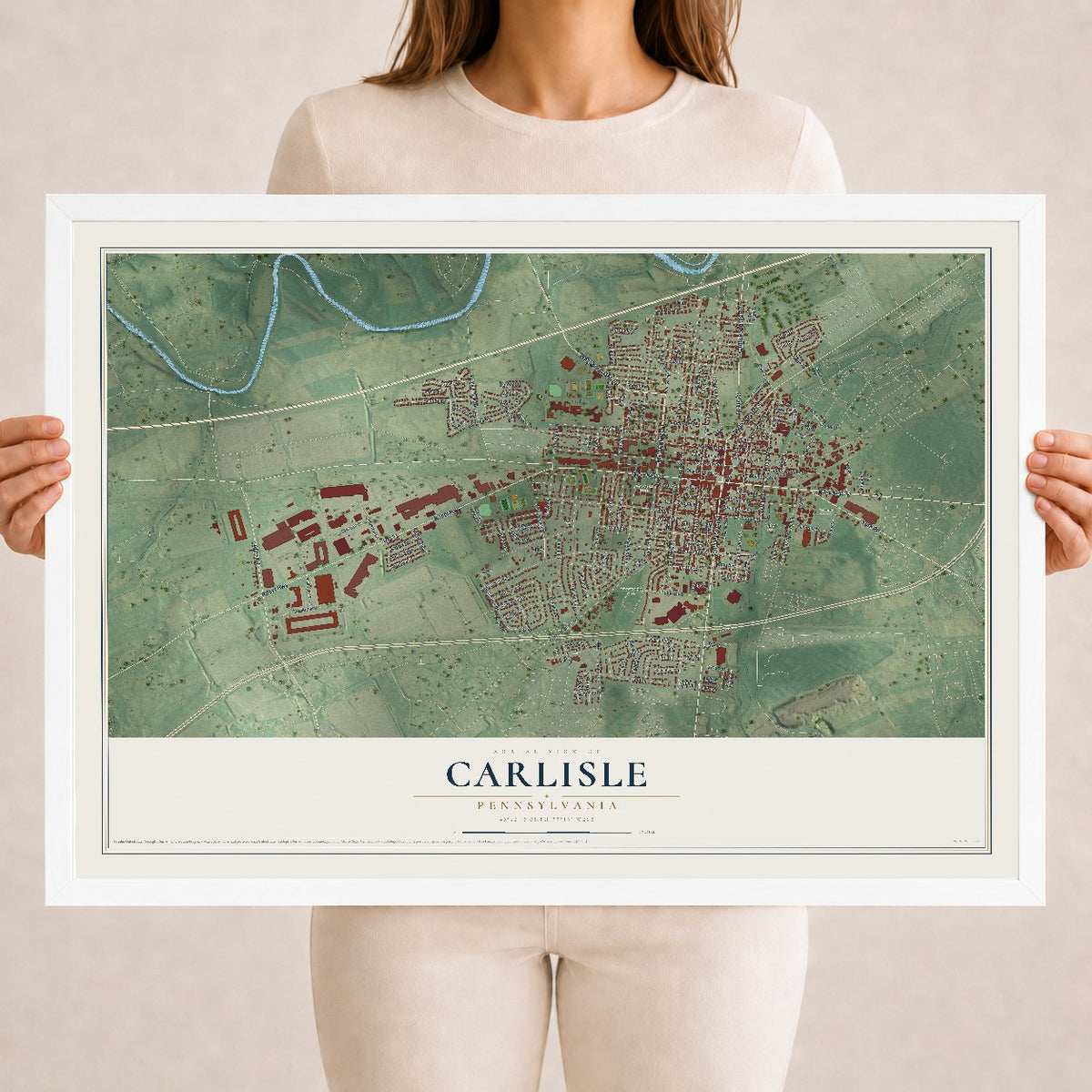 Map of Carlisle, Pennsylvania, 18 x 24 inch print in a white wood frame