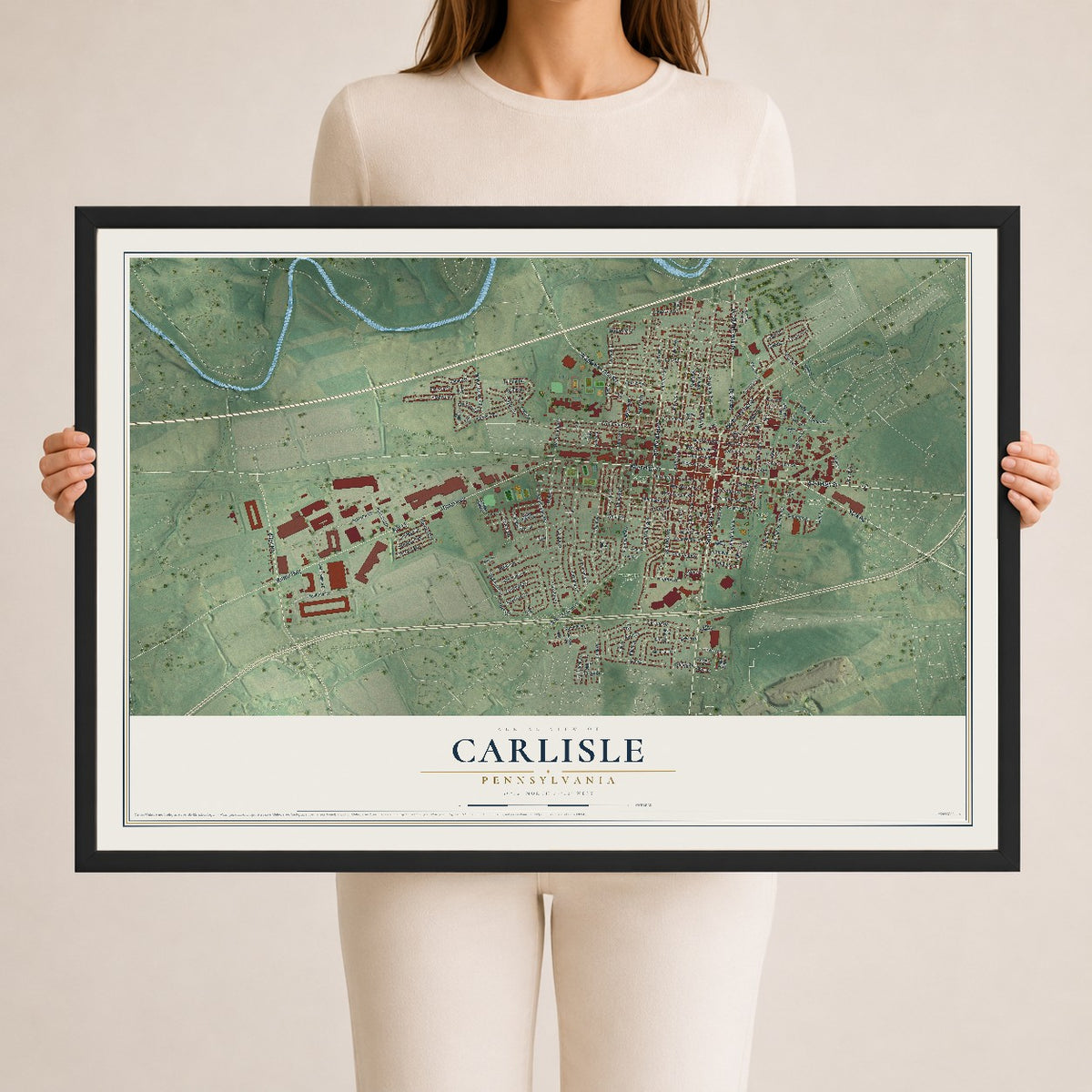 Map of Carlisle, Pennsylvania, 24 x 36 inch print in a black wood frame