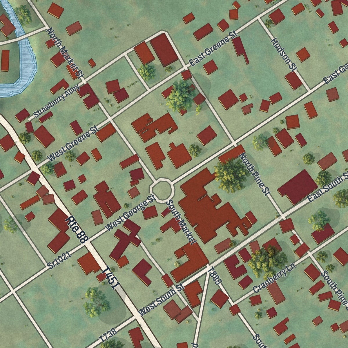 Close-up of the map of Carmichaels, Pennsylvania print showing street and building detail