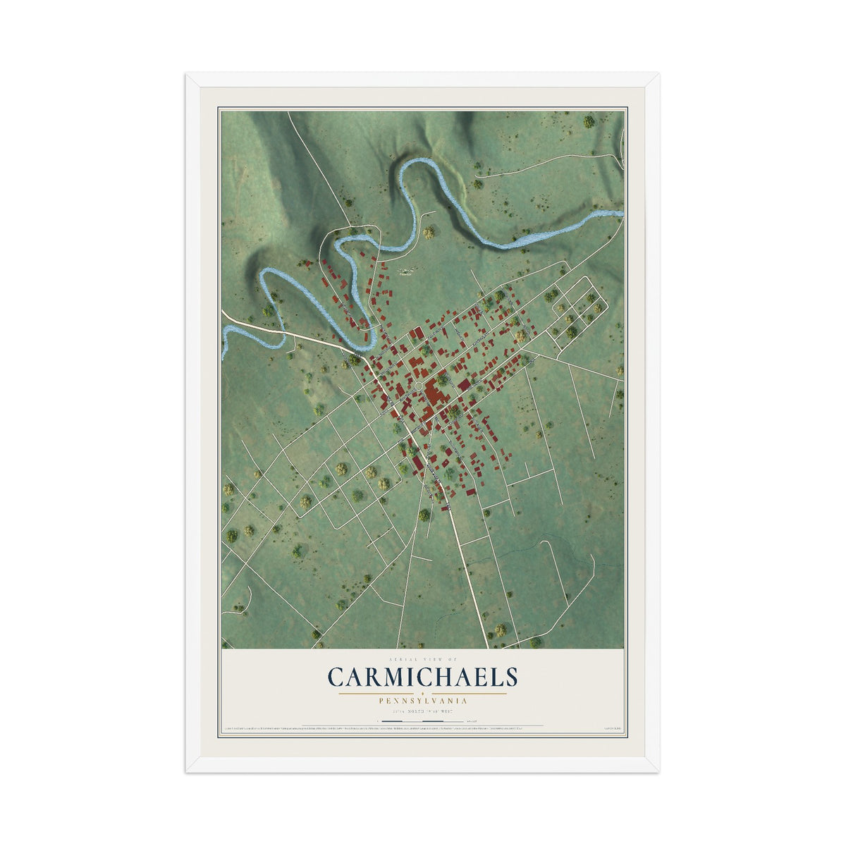Map of Carmichaels, Pennsylvania, 12 x 18 inch print in a white wood frame
