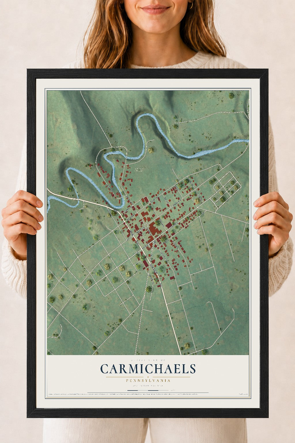 Map of Carmichaels, Pennsylvania, 18 x 24 inch print in a black wood frame