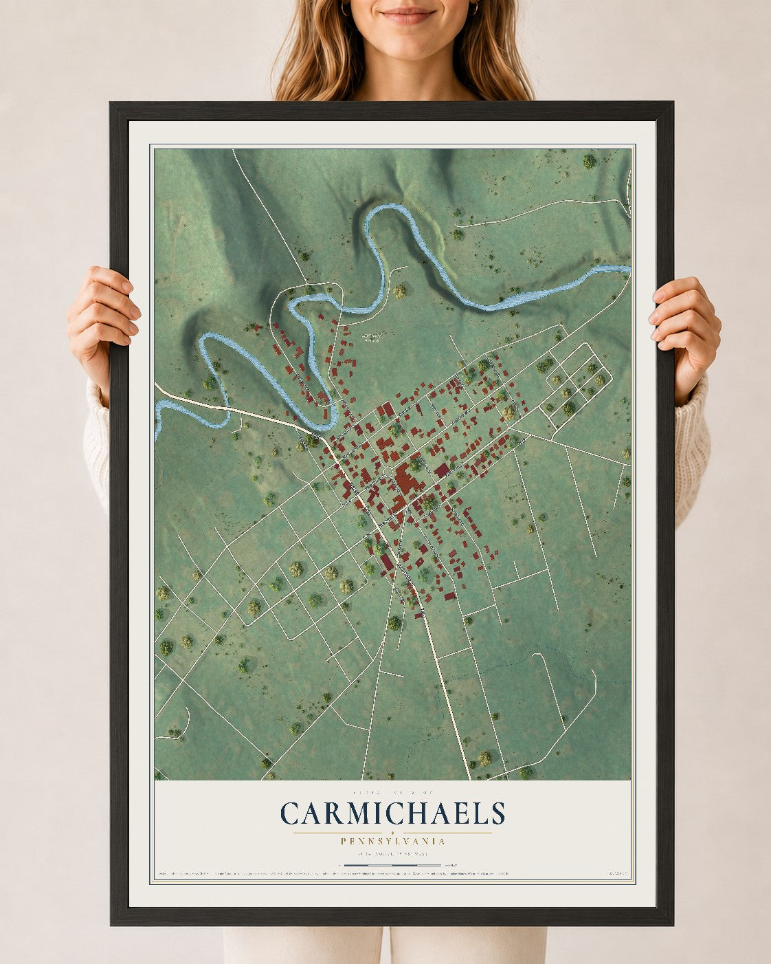 Map of Carmichaels, Pennsylvania, 24 x 36 inch print in a black wood frame
