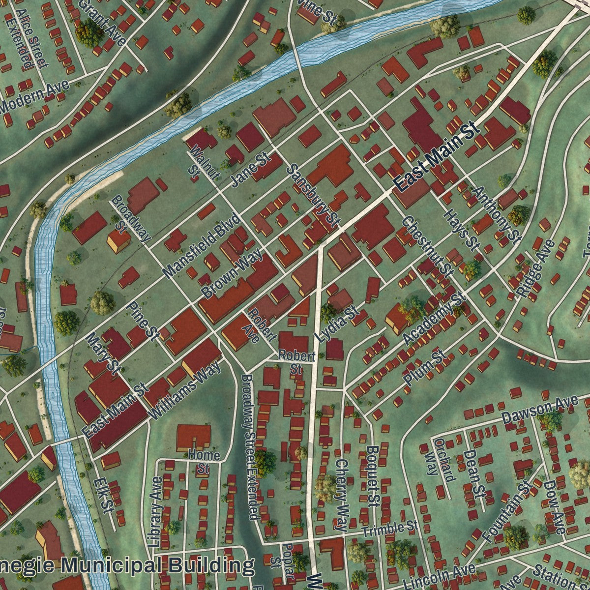 Close-up of the map of Carnegie, Pennsylvania print showing street and building detail