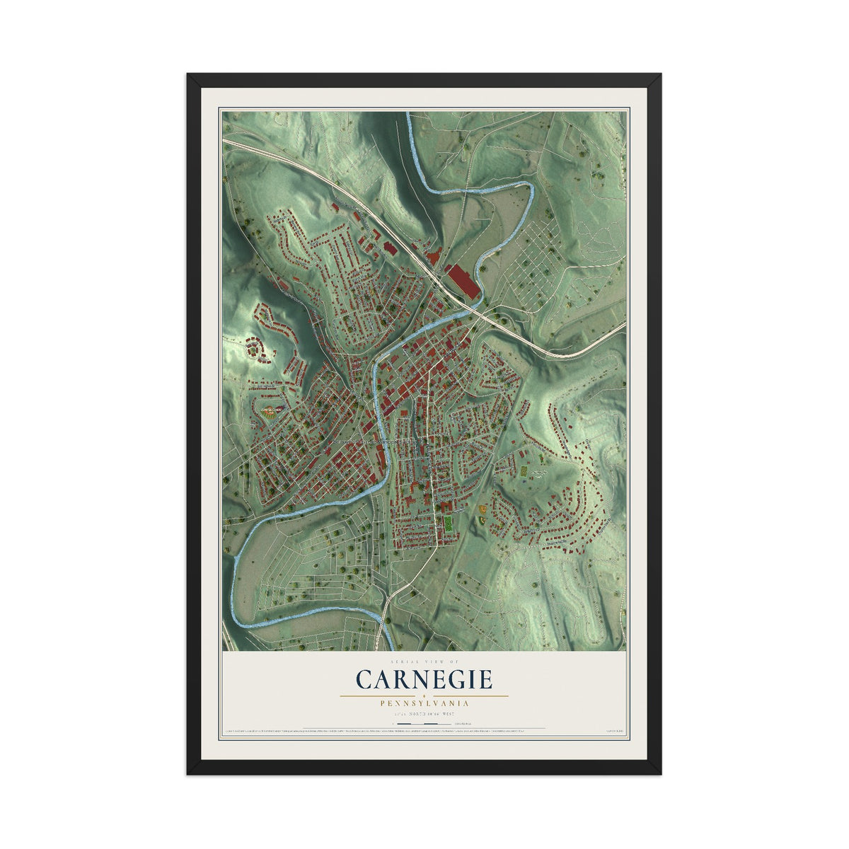 Map of Carnegie, Pennsylvania, 12 x 18 inch print in a black wood frame