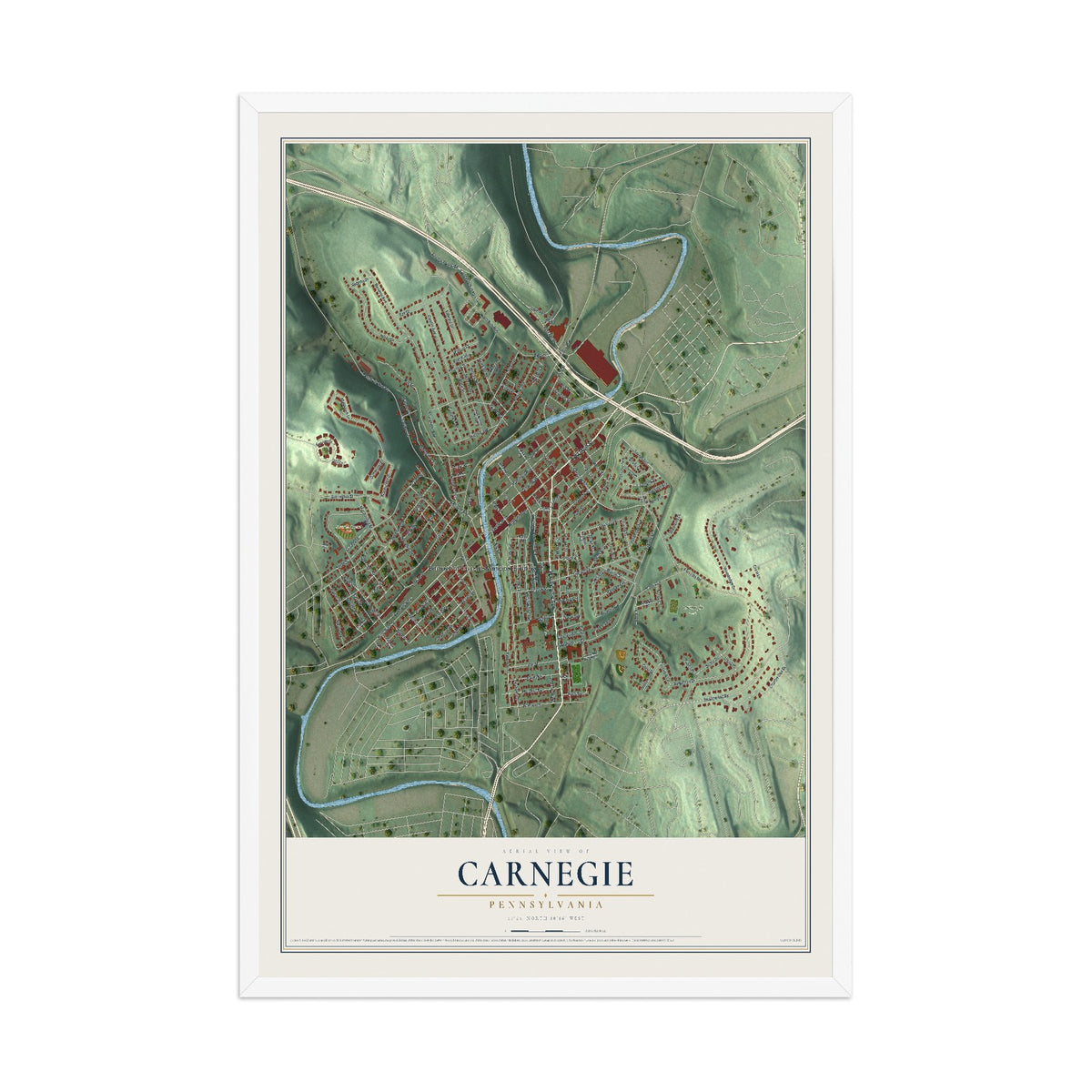 Map of Carnegie, Pennsylvania, 12 x 18 inch print in a white wood frame