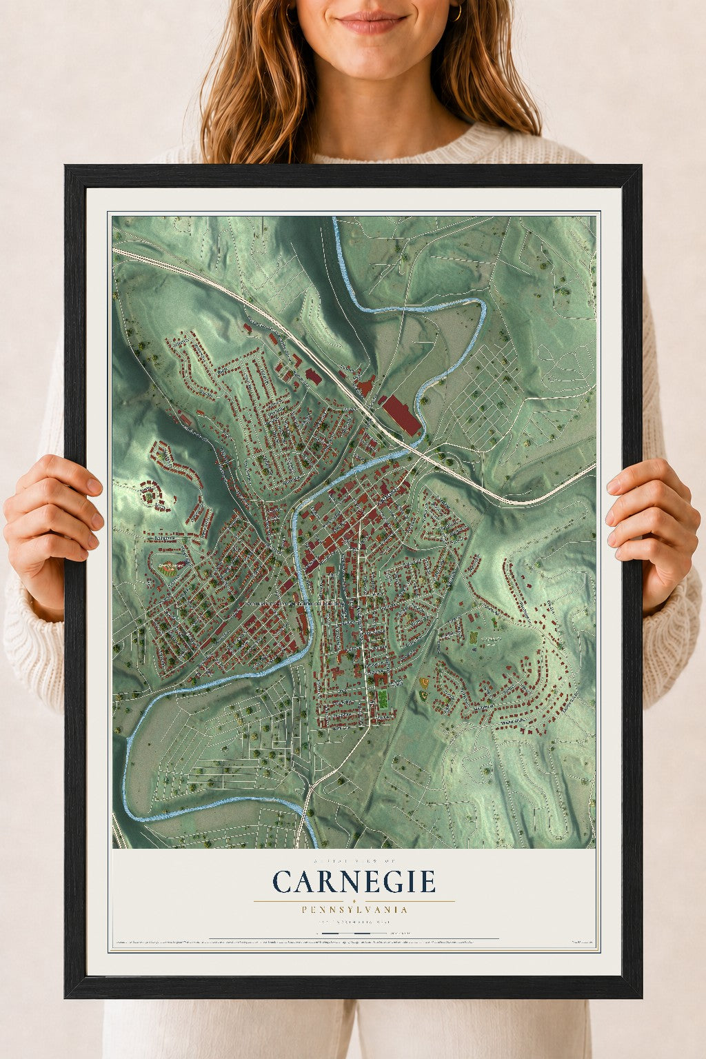 Map of Carnegie, Pennsylvania, 18 x 24 inch print in a black wood frame