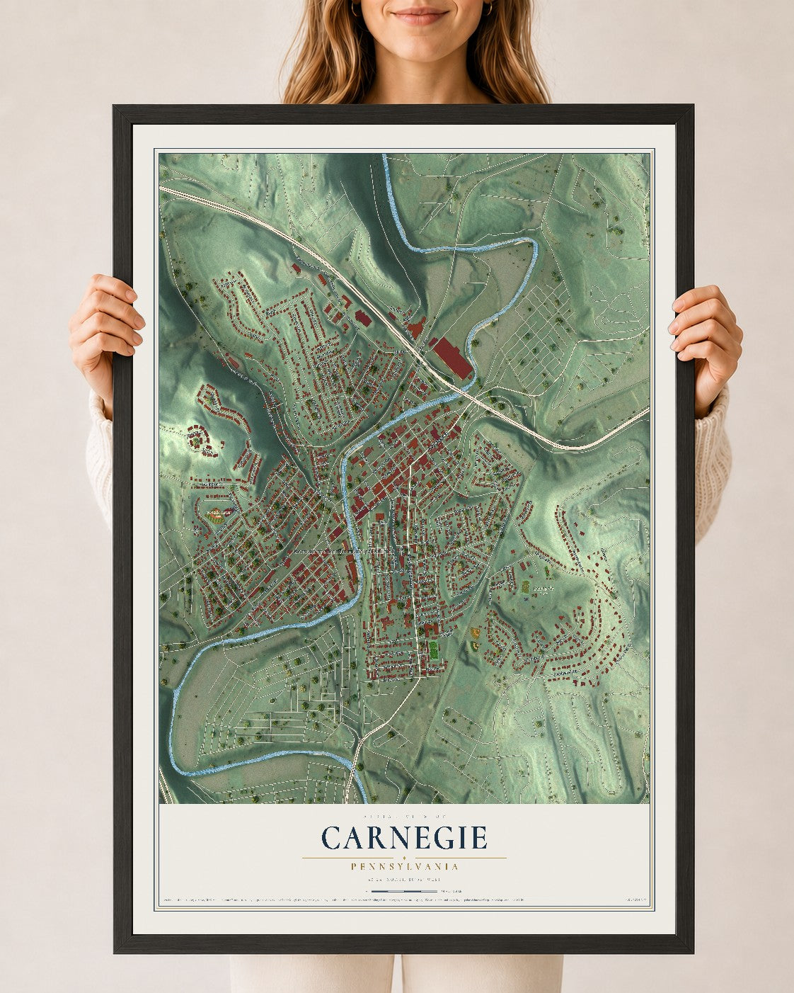 Map of Carnegie, Pennsylvania, 24 x 36 inch print in a black wood frame