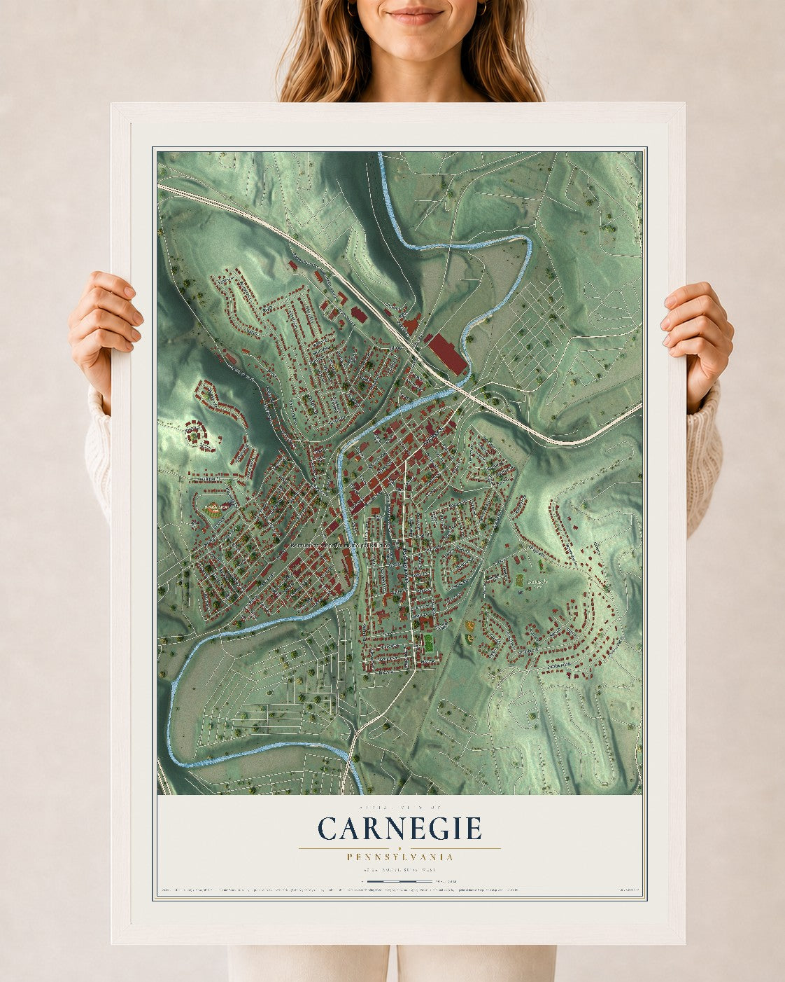 Map of Carnegie, Pennsylvania, 24 x 36 inch print in a white wood frame