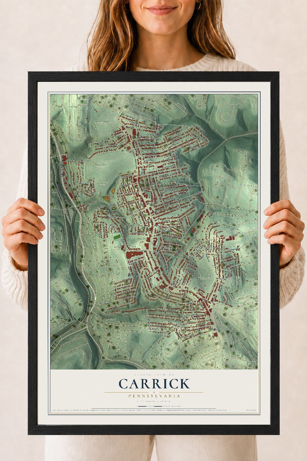 Map of Carrick, Pennsylvania, 18 x 24 inch print in a black wood frame