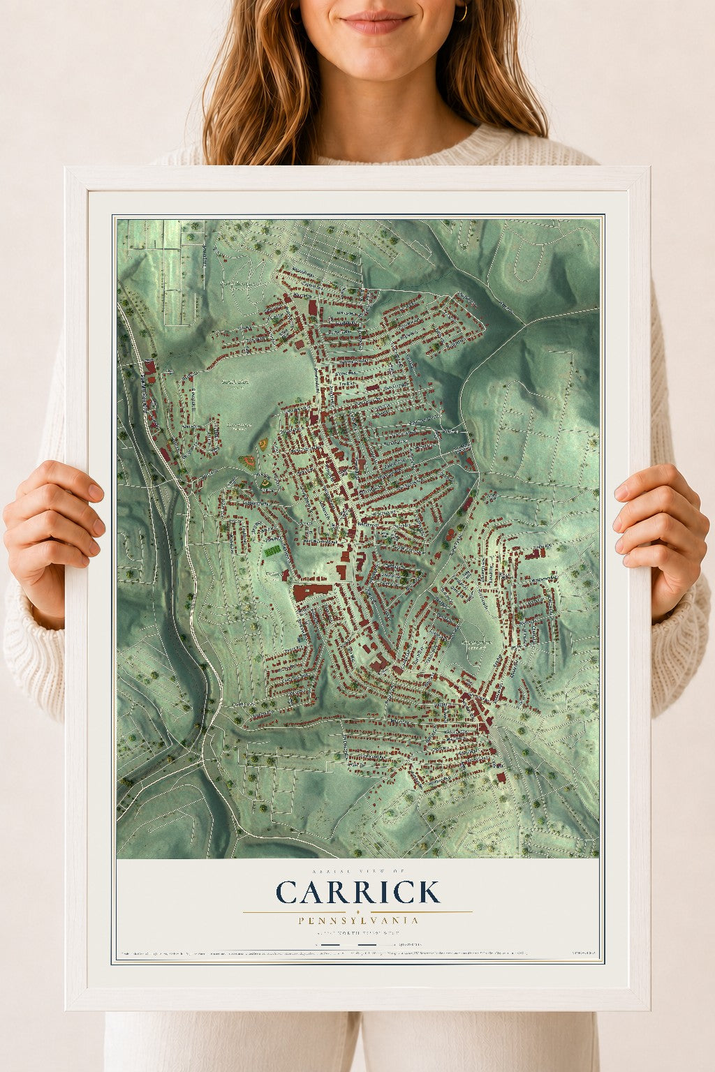 Map of Carrick, Pennsylvania, 18 x 24 inch print in a white wood frame